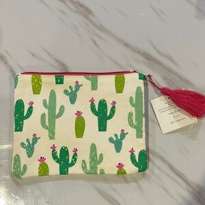 Cactus Print Canvas Pouch with Tassel - Green and Pink